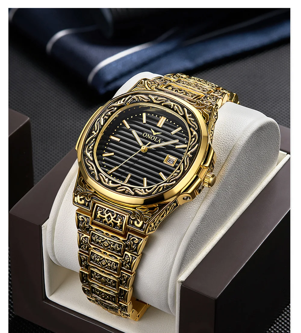 ONOLA 3808 Men's Retro Gold Quartz Watch5