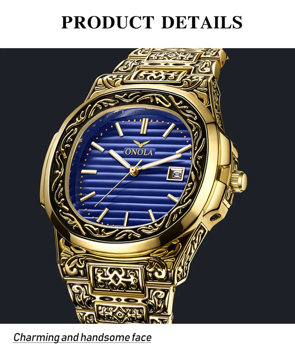 ONOLA 3808 Men's Retro Gold Quartz Watch4